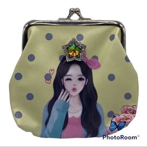 Cute Green Snap Jewelry Purse w/ Brunette Girl & 18mm multicolored Star in Hair